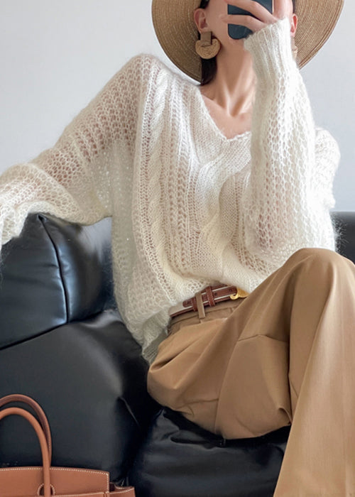 Loose White Hollow Out Knit Sweater Winter