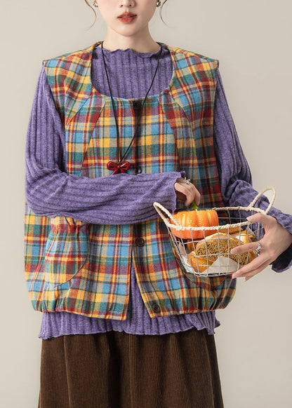 Fitted Yellow Oversized Plaid Cotton Vest Tops Spring