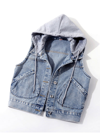 Light Blue Patchwork Pockets Hooded Denim Waistcoat Sleeveless