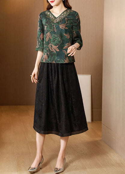 Green V Neck Jacquard Original Design Silk Two Pieces Set Summer