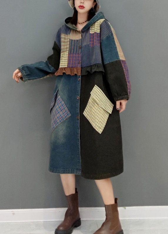 Blue Button Hooded Pockets Patchwork Denim Coats Spring