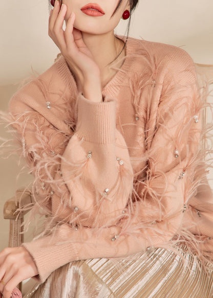 Organic Skin Pink O-neck Zircon Feather Cotton Knit Sweater Winter