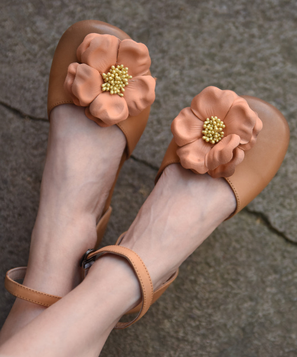 Orange Flat Sandals Cowhide Leather Comfy Splicing