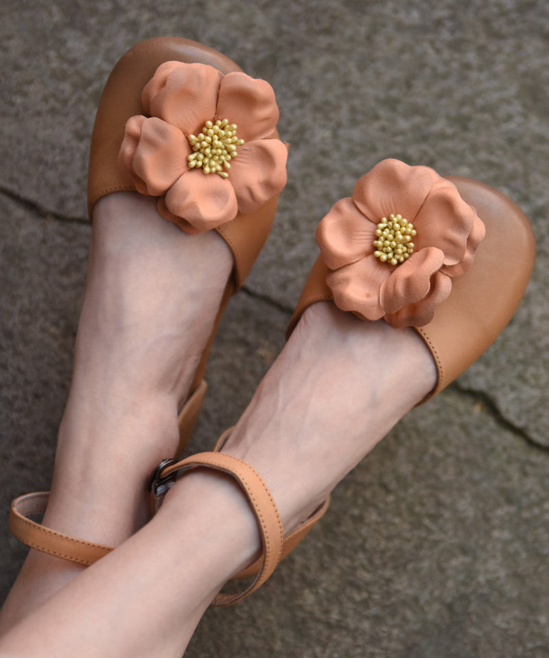 Orange Flat Sandals Cowhide Leather Comfy Splicing
