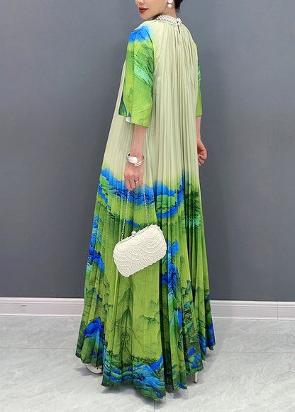 Green Turtleneck Print Tie Waist Maxi Dress Half Sleeve