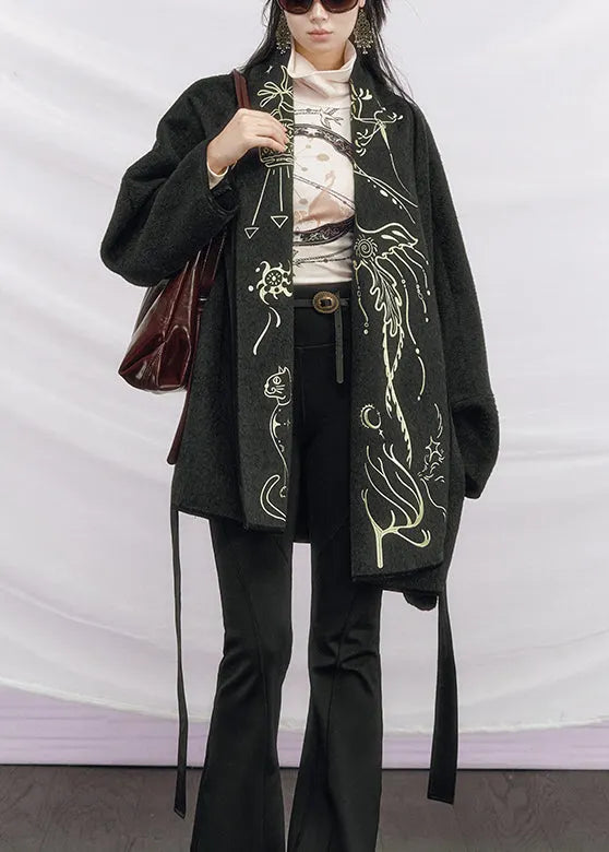 Dark Gray Tie Waist Pockets Woolen Coats Embroidered