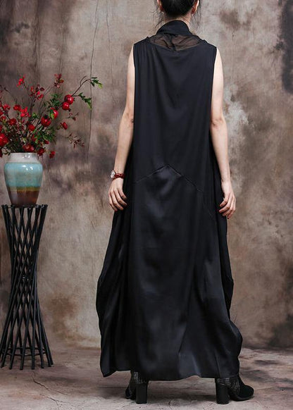 Classy Black Silk Dress Tunics Patchwork Vestidos De Lino Dress
