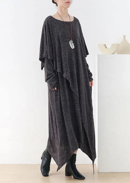 Grey O-neck Patchwork Fall Cotton Dress