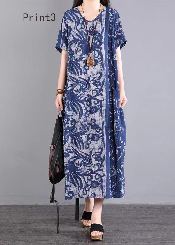 V Neck Print Patchwork Cotton Long Dresses Summer