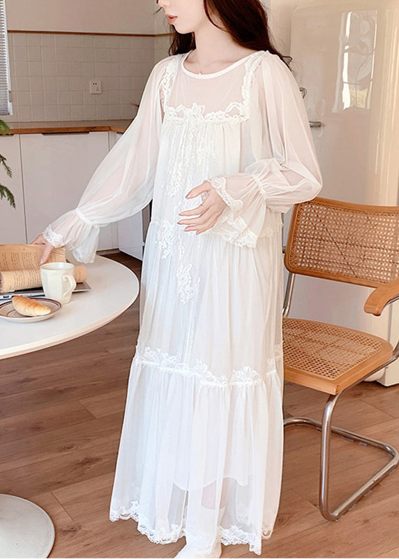 White O-neck Embroidered Tulle Vacation Long Dresses Long Sleeve