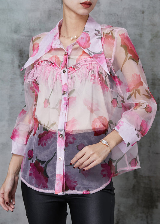 Style Pink Tasseled Print Chiffon Upf 50+ Shirt Two Piece Set