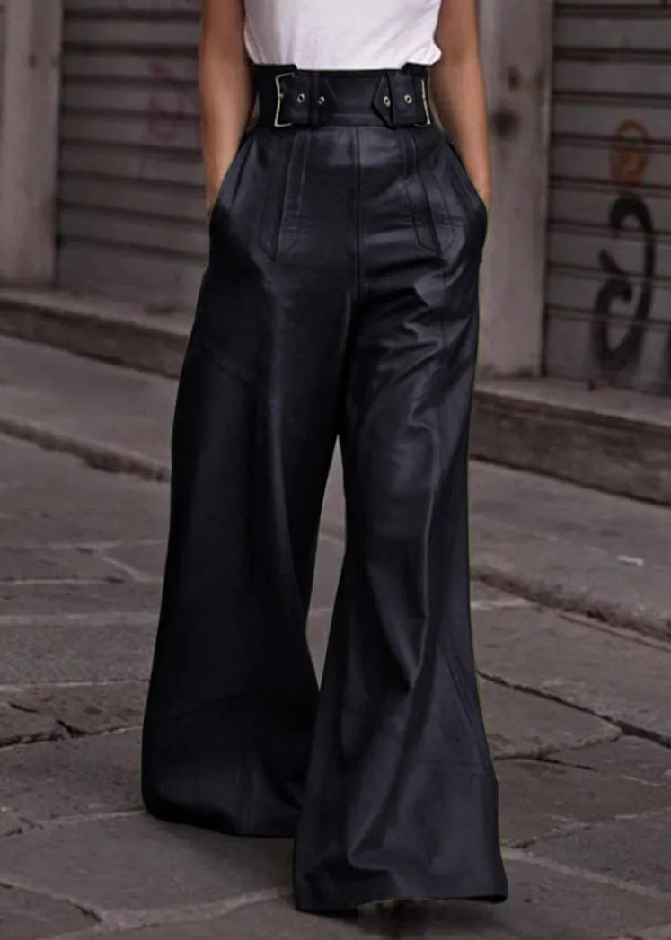 Modern Green Pockets High Waist Faux Leather Wide Leg Pants Spring