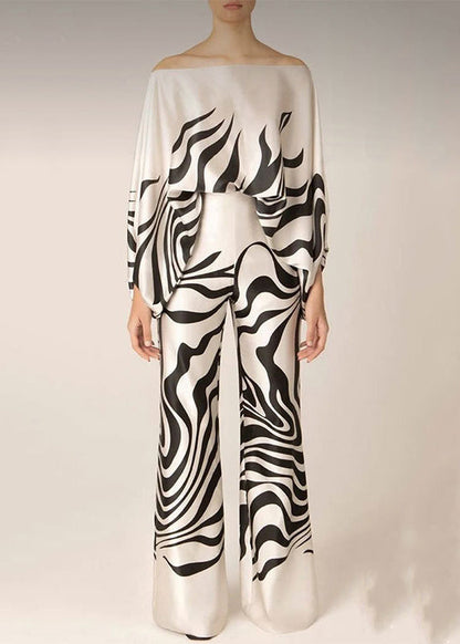 European and American Style Rose Slash Neck Print Silk Two Pieces Set Batwing Sleeve