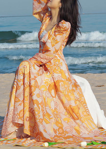 Yellow V Neck Print Nail Bead Vacation Dresses Fall