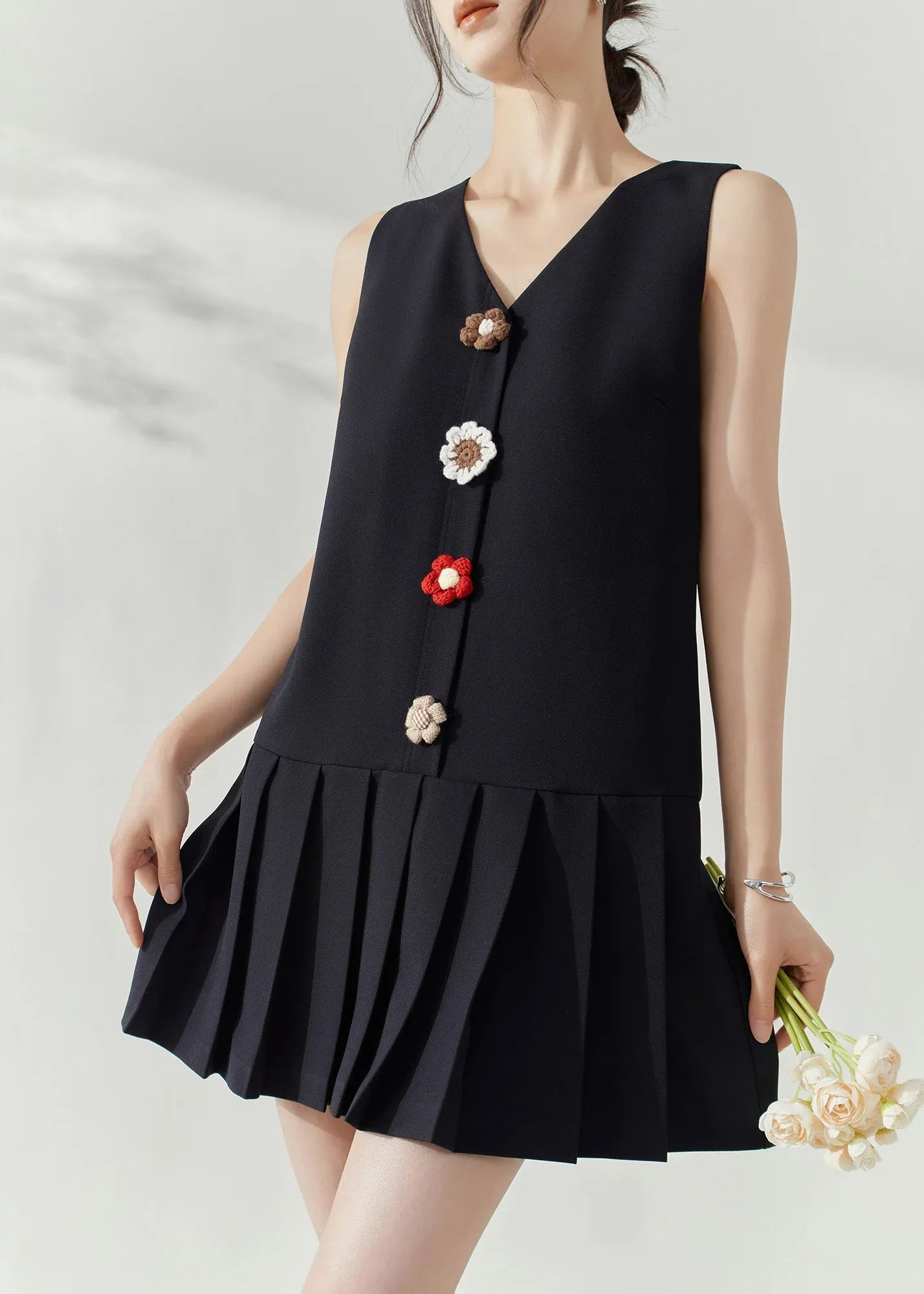Modern Black V Neck Patchwork Mid Dresses Sleeveless Summer