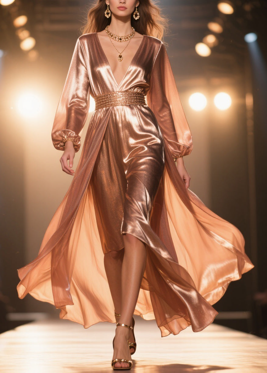 French Rose Gold High Waist Silk Long Dress Spring