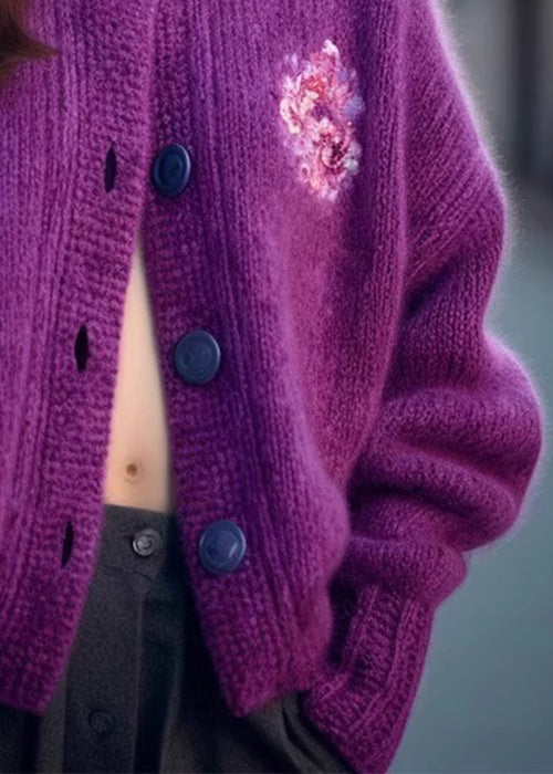 Purple O Neck Button Cozy Knit Cardigan Winter