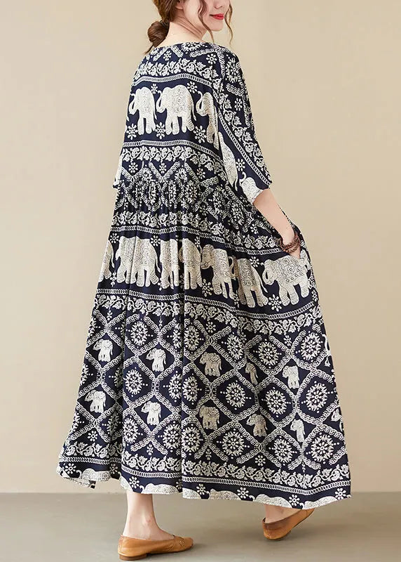 Black O-neck Elephant Print Chiffon Party Dress Half Sleeve