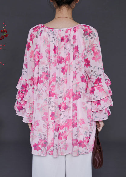Pink Oversized Print Chiffon Shirt Top Flare Sleeve