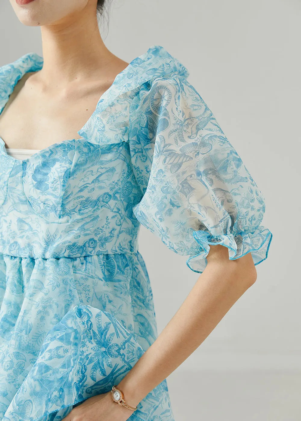 Blue Print Chiffon Full Dress Exra Large Hem Summer
