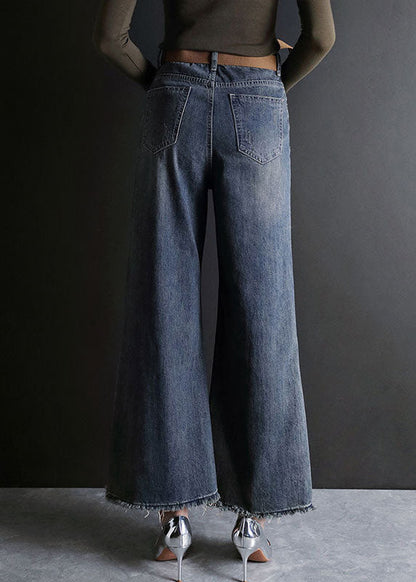 Blue High Waist Hole Pockets Cotton Denim Flare Pants Summer