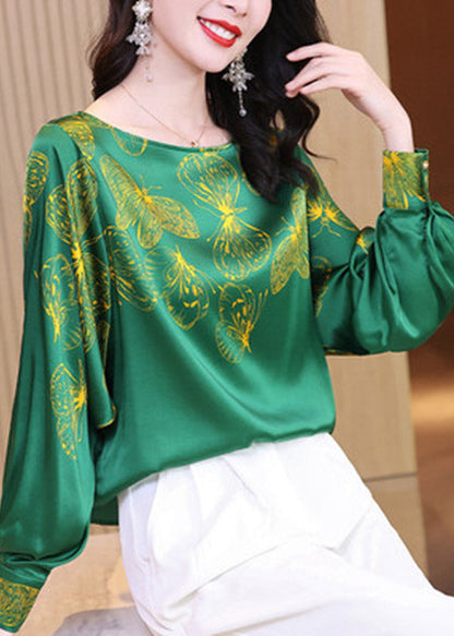 Green O-neck Butterfly Print Silk Tops Long Sleeve