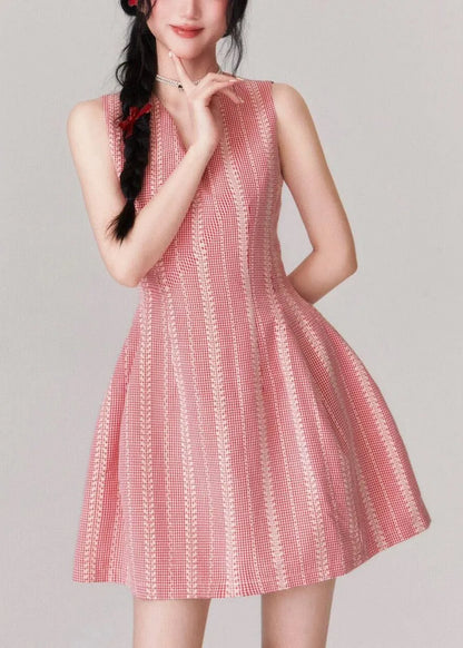 Stylish Pink V Neck High Waist Cotton Mid Dress Sleeveless