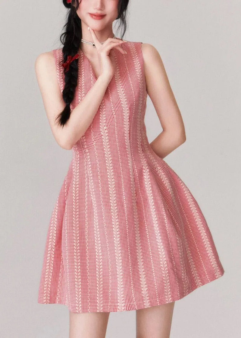 Stylish Pink V Neck High Waist Cotton Mid Dress Sleeveless