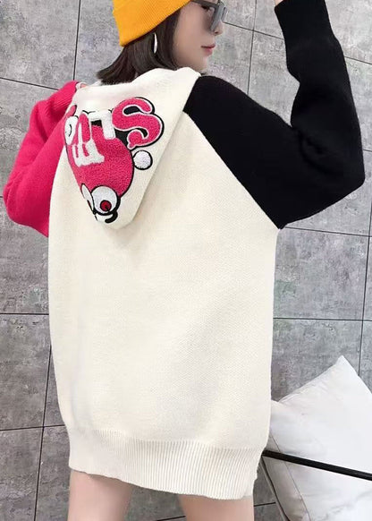 White Hooded Cartoon Print Knit Top Spring