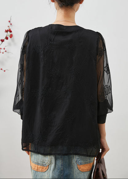 Black Embroidered Linen Silk Shirt Top Summer