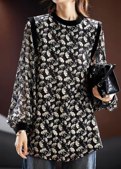 Stylish Black O Neck Print Chiffon Blouse Fall