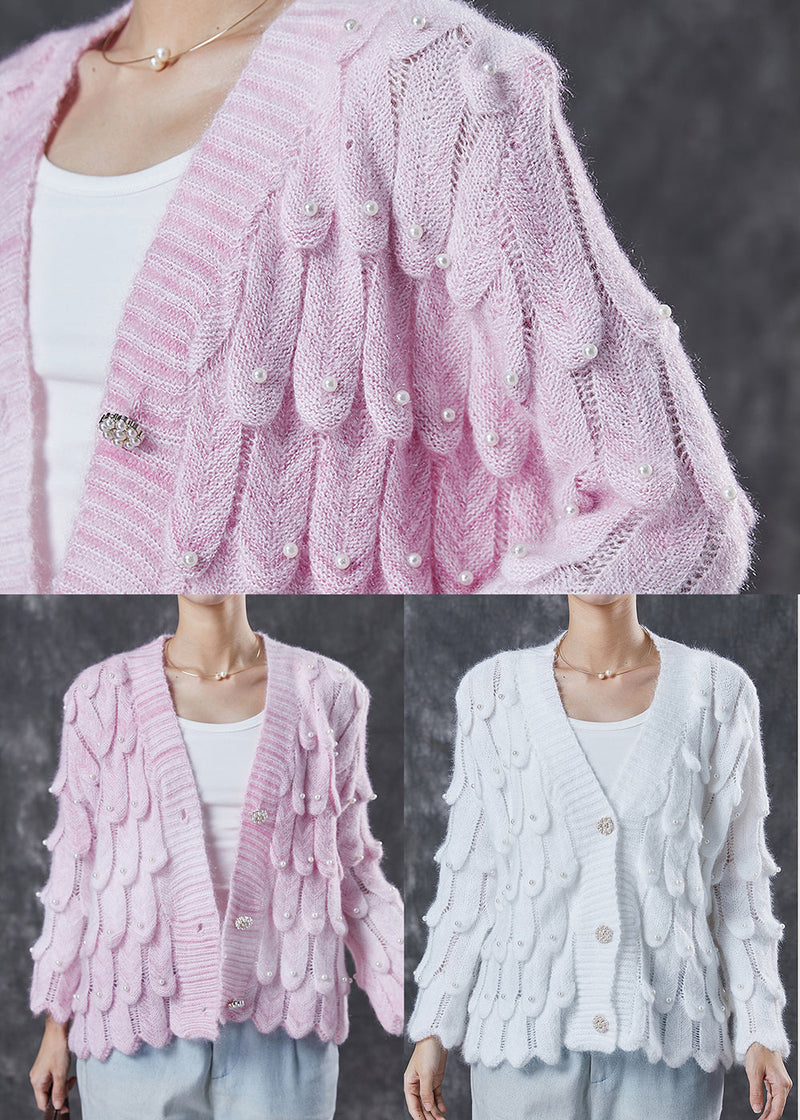 White Cozy Knit Cardigan V Neck Nail Bead Spring