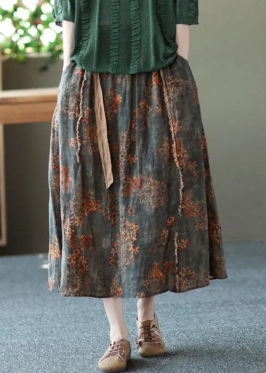 Blackish Green Wrinkled Pockets Patchwork Linen Skirts Summer