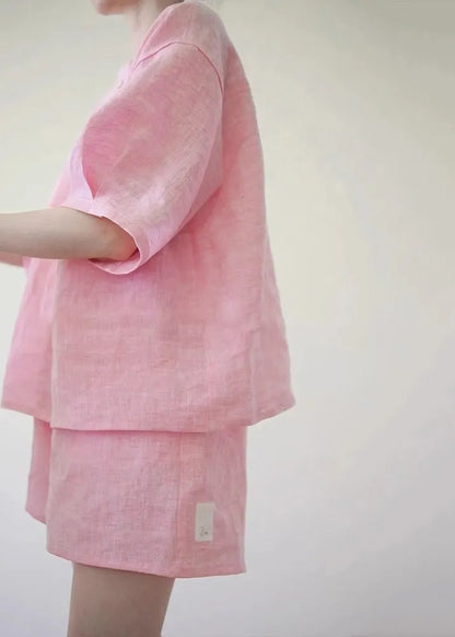 Pink O-neck Button Shirts and Shorts Two Pieces Set Summer