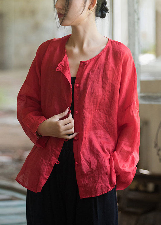 Red Loose Linen Shirts O-neck Button Down Fall
