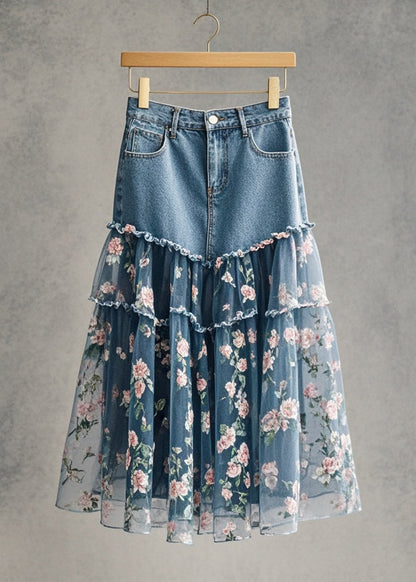 Pink Flower Print Patchwork Tulle Denim Skirt Fall