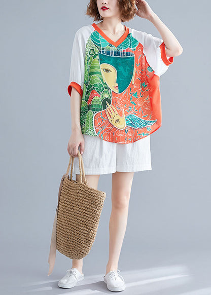 White V Neck Patchwork Character Print Two Piece Suit Set Summer