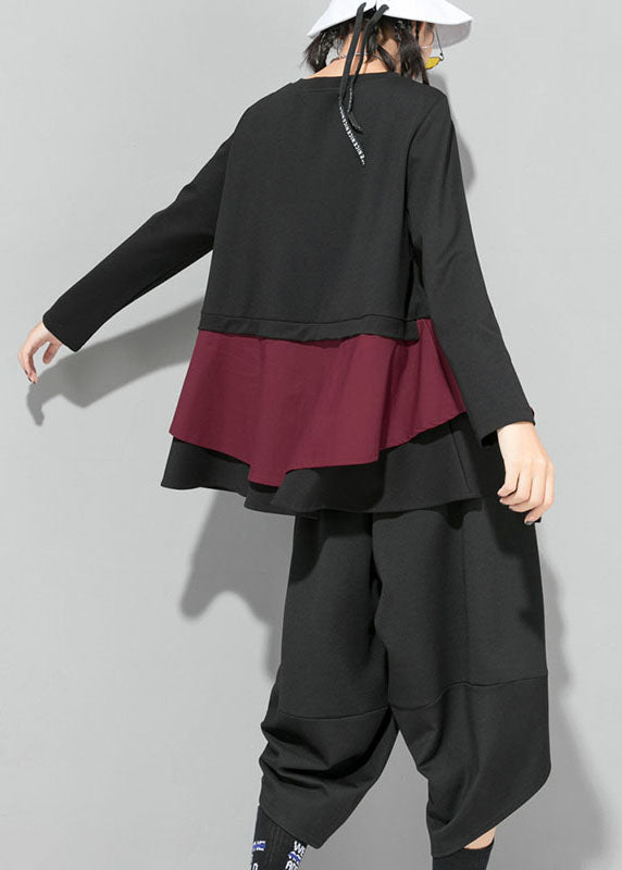 Organic Mulberry O-neck Patchwork Ruffles Fall Top Long Sleeve
