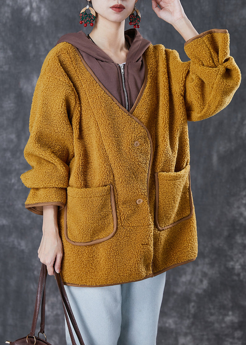 Fitted Yellow Hooded Patchwork Faux Fur Fake Two Piece Jacket Winter