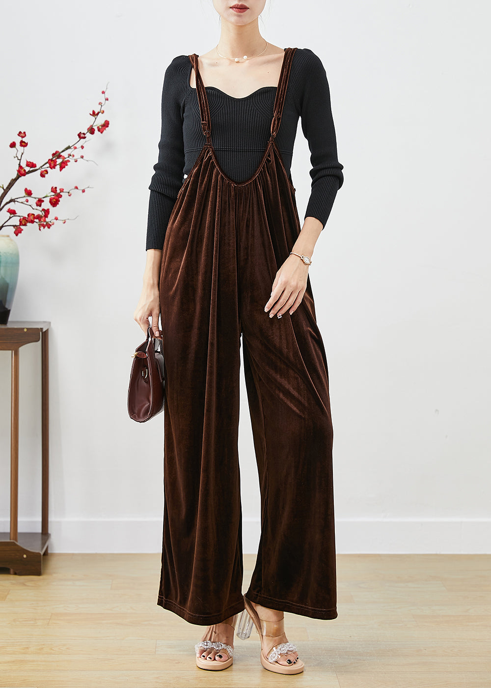 Brown Oversized Silk Velour Wide Leg Strap Pants Fall