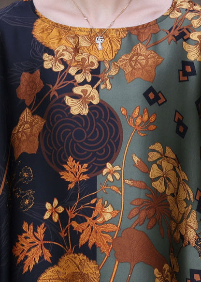 Style Green O-neck Oversized Print Silk Vacation Dresses Batwing Sleeve