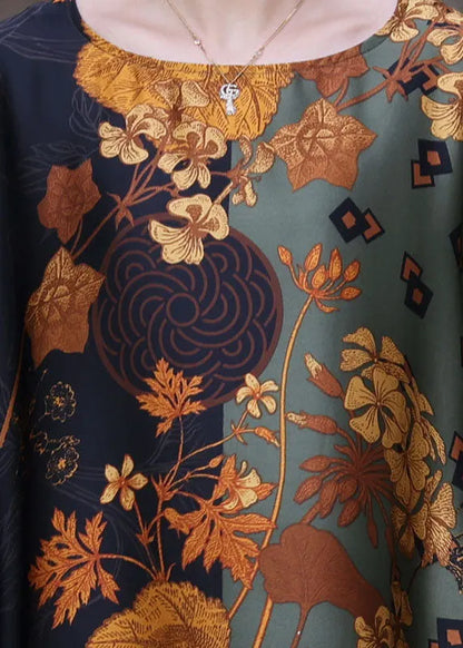 Boutique Green O-neck Patchwork Print Silk Holiday Dress Short Sleeve