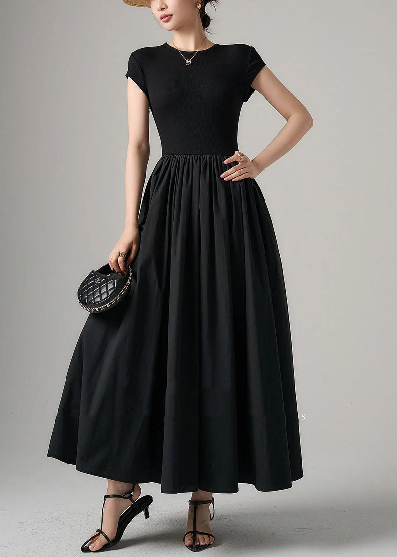 Black Pockets Knit Patchwork Cotton Long Dress Summer