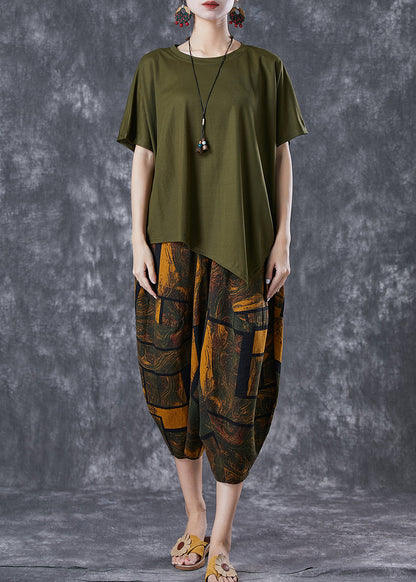 Army Green Asymmetrical Print Cotton Two Pieces Set Summer