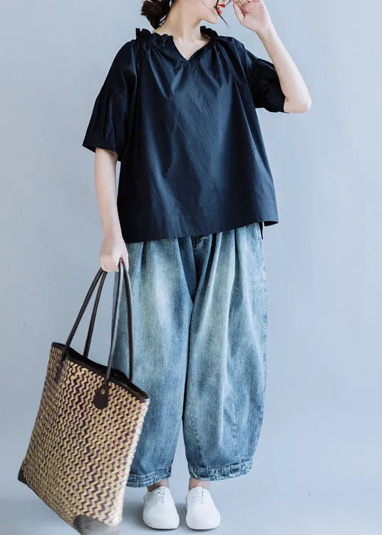 Loose Navy Ruffled Color Cotton Shirt Tops Short Sleeve