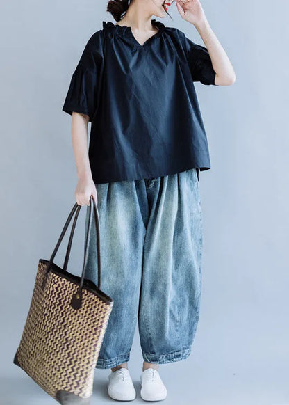 Loose Navy Ruffled Color Cotton Shirt Tops Short Sleeve