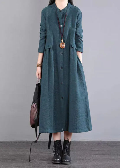 Red Stand Collar Pockets Patchwork Cotton Long Dresses Fall