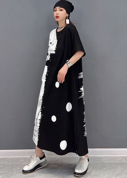 Black White Patchwork Dot Print Cotton Sweatshirt Long Dress Short Sleeve