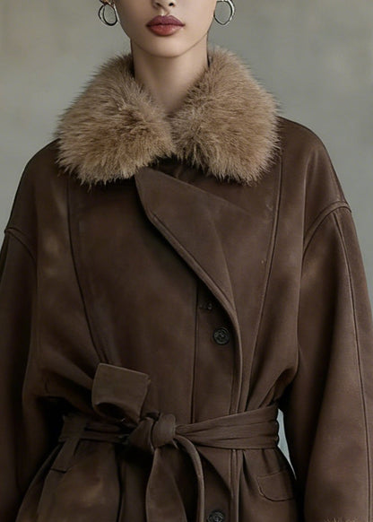 French Coffee Fur Collar Tie Waist Patchwork Woolen Coat Spring