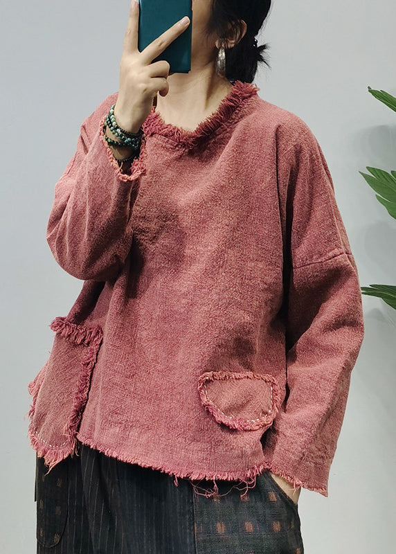 Unique Red O-neck Patchwork Linen Pullover Long Sleeve